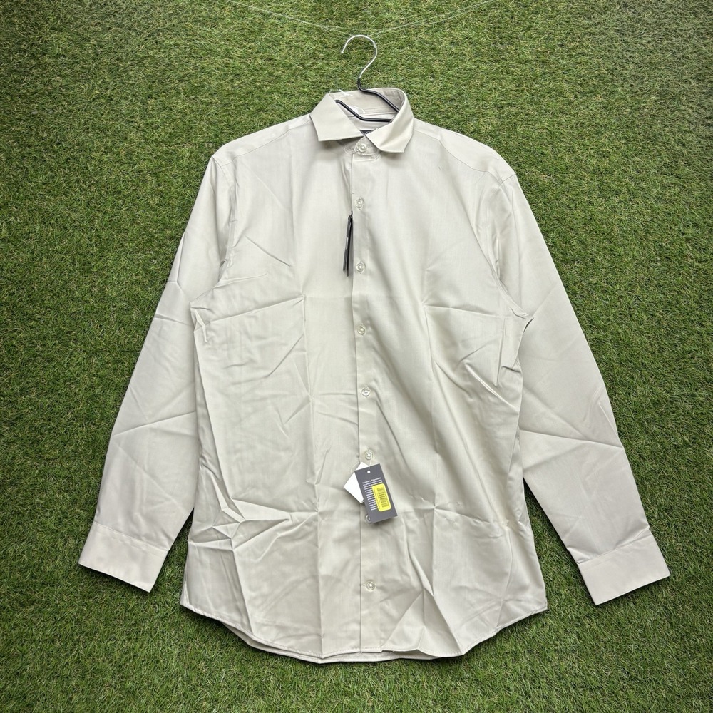 Kenneth Cole Reaction Dress Shirt Mens 15.5 32x33 Beige Button Up Slim Fit NWT